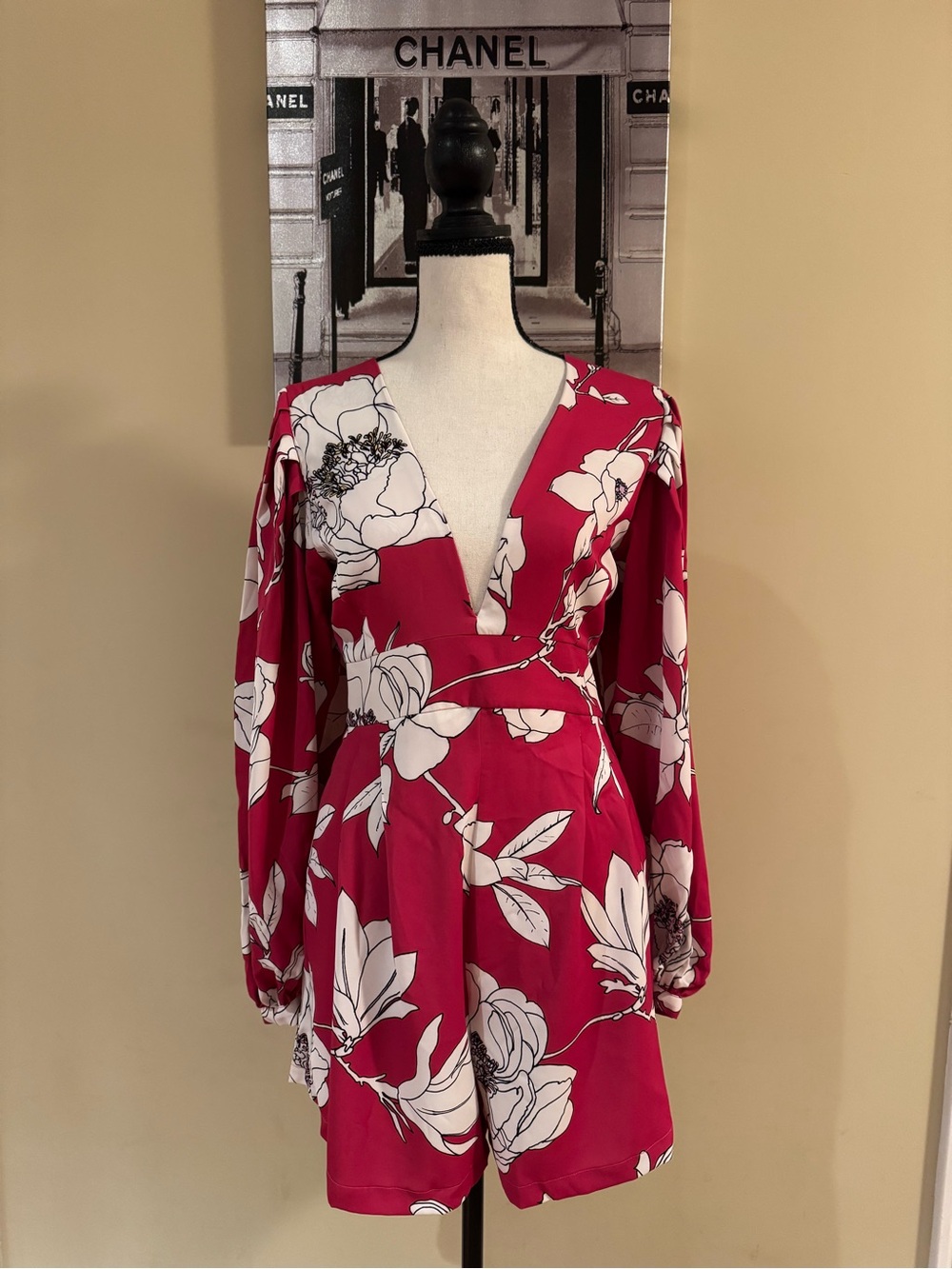 Anthropologie Natalia Mazzei Zubillaga Deep V Romper Floral Print in Fuchsia